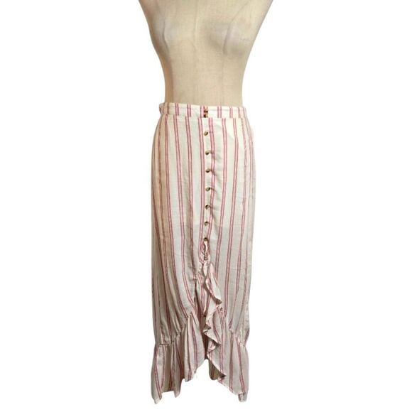 American Eagle Cream And Striped Button-Down Midi High Low Skirt - Picture 1 of 8